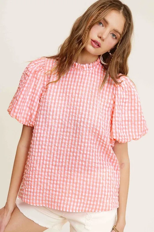 TEEK - Gingham Check Print Puff Sleeve Top