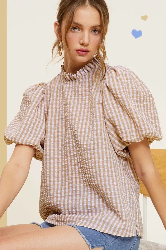 TEEK - Gingham Check Print Puff Sleeve Top