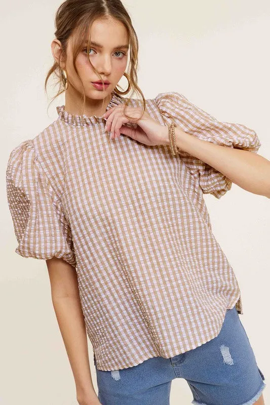TEEK - Gingham Check Print Puff Sleeve Top