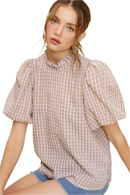 TEEK - Gingham Check Print Puff Sleeve Top
