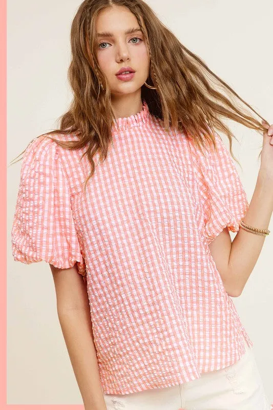 TEEK - Gingham Check Print Puff Sleeve Top