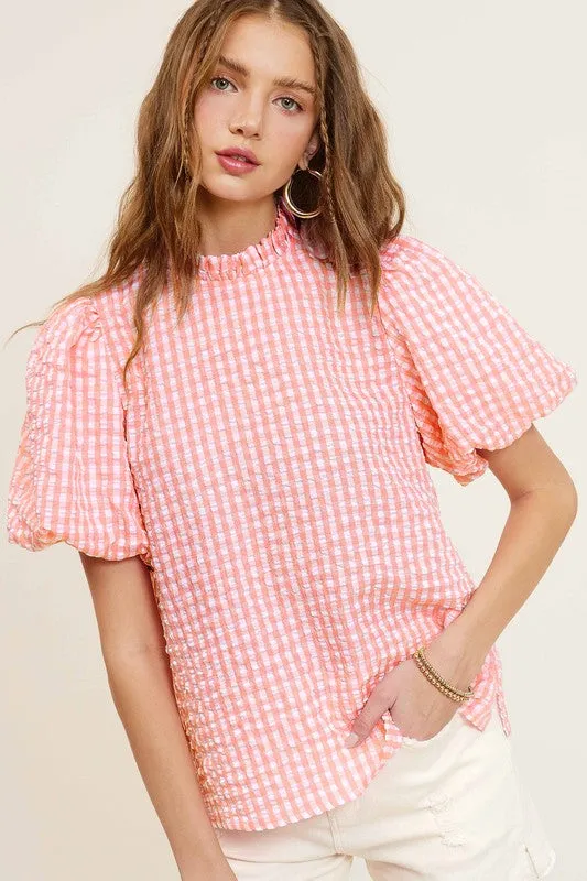 TEEK - Gingham Check Print Puff Sleeve Top