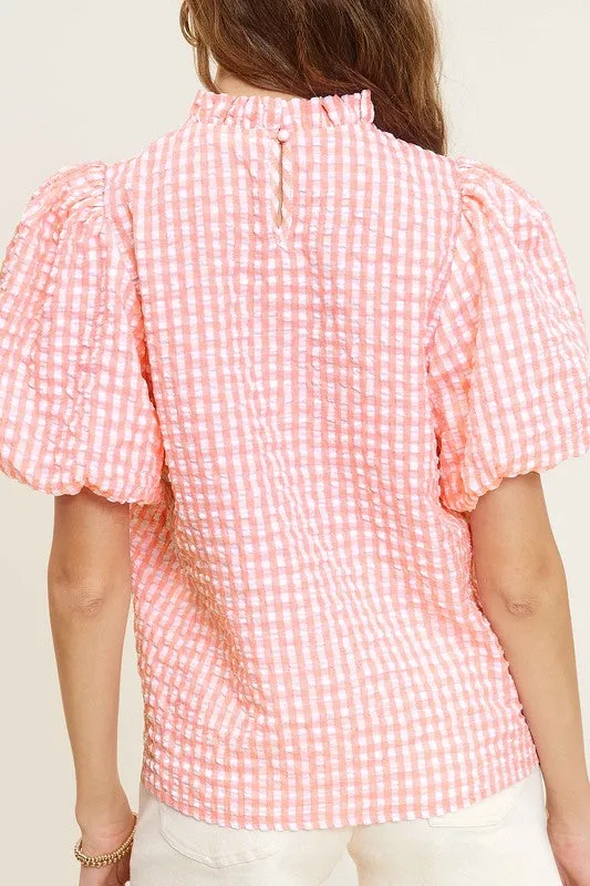 TEEK - Gingham Check Print Puff Sleeve Top