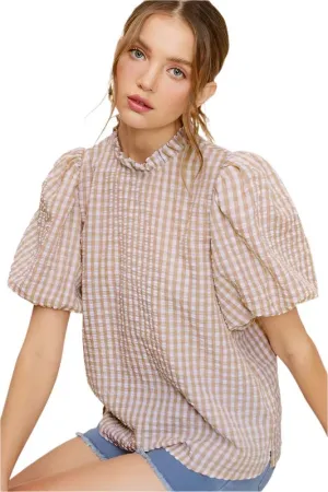 TEEK - Gingham Check Print Puff Sleeve Top
