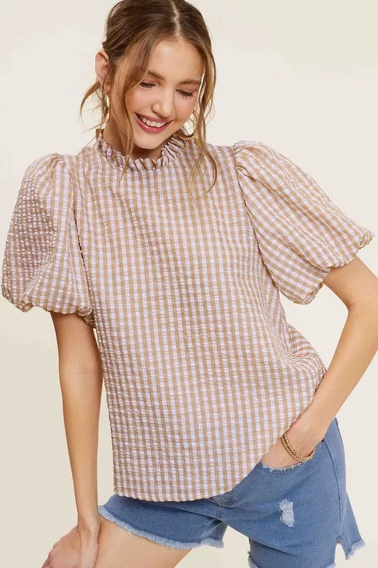 TEEK - Gingham Check Print Puff Sleeve Top