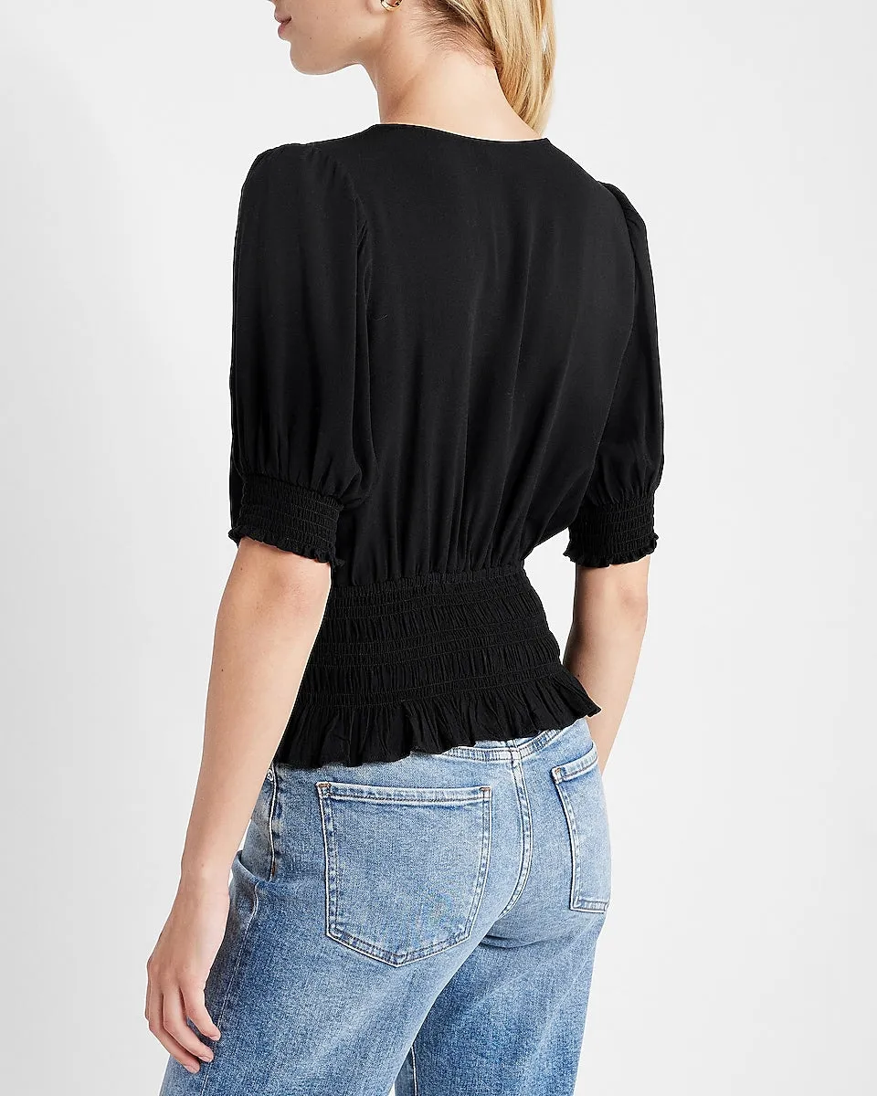 V-Neck Button Front Smocked Waist Top in Pitch Black