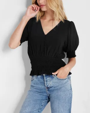 V-Neck Button Front Smocked Waist Top in Pitch Black