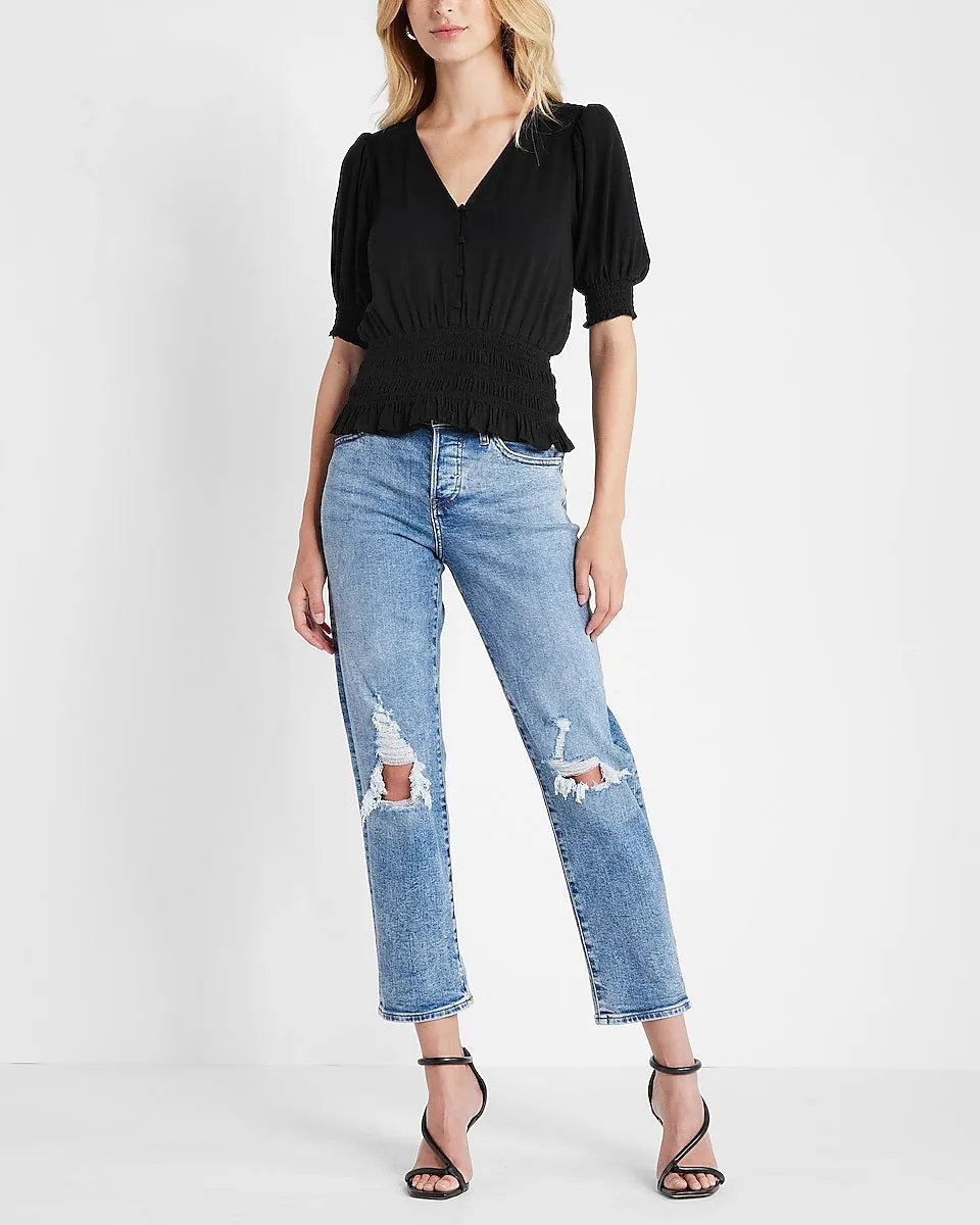 V-Neck Button Front Smocked Waist Top in Pitch Black