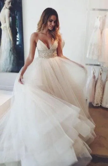 V-neck Sweep Train Spaghetti Straps Ivory Tulle Wedding Dress With Lace TN0043