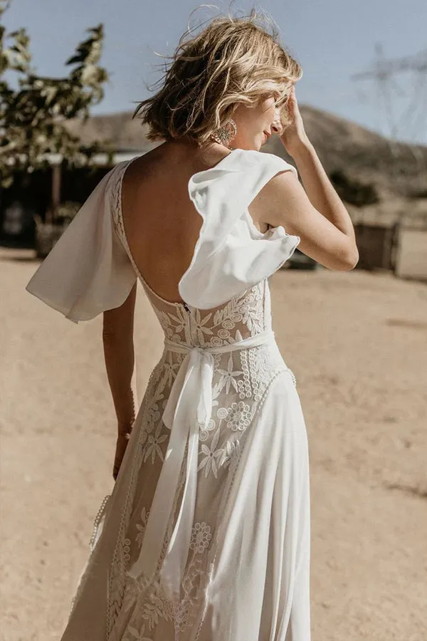 V Neckline Backless Lace Chiffon Bohemian Wedding Dress WD734