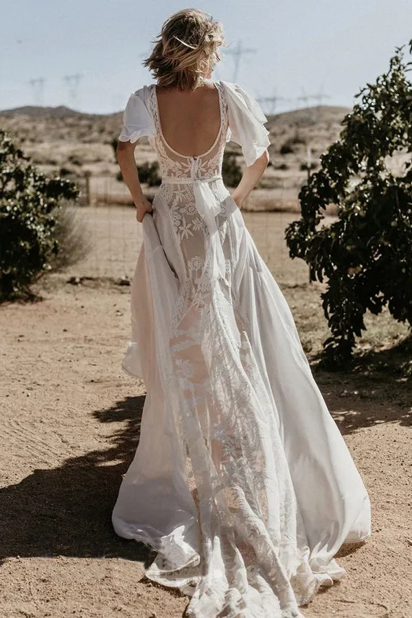 V Neckline Backless Lace Chiffon Bohemian Wedding Dress WD734