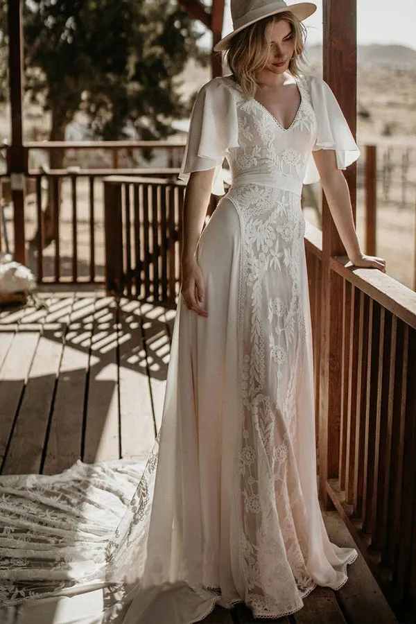 V Neckline Backless Lace Chiffon Bohemian Wedding Dress WD734